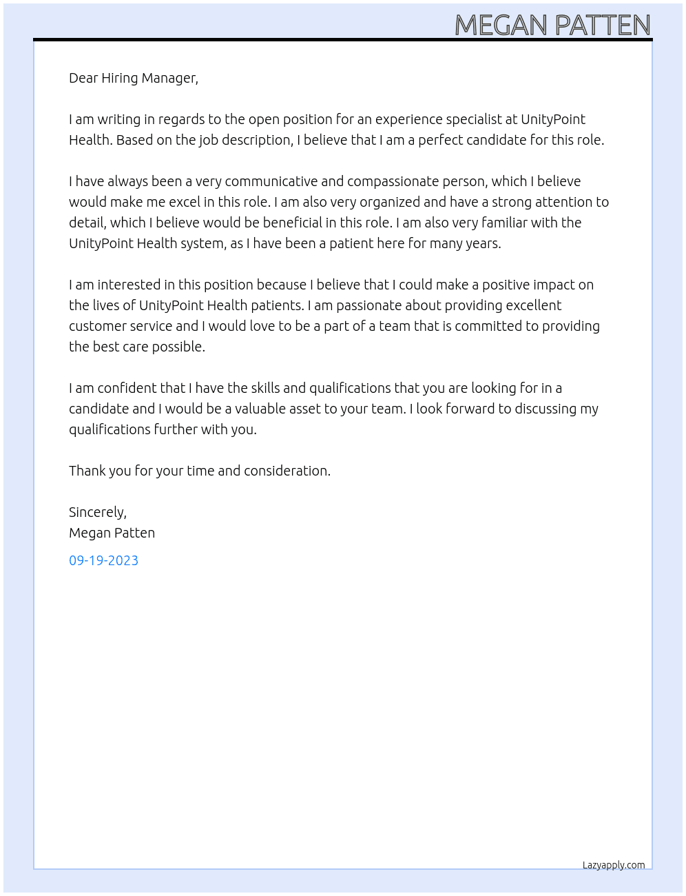 Experience Specialist At UnityPoint Health Cover Letter