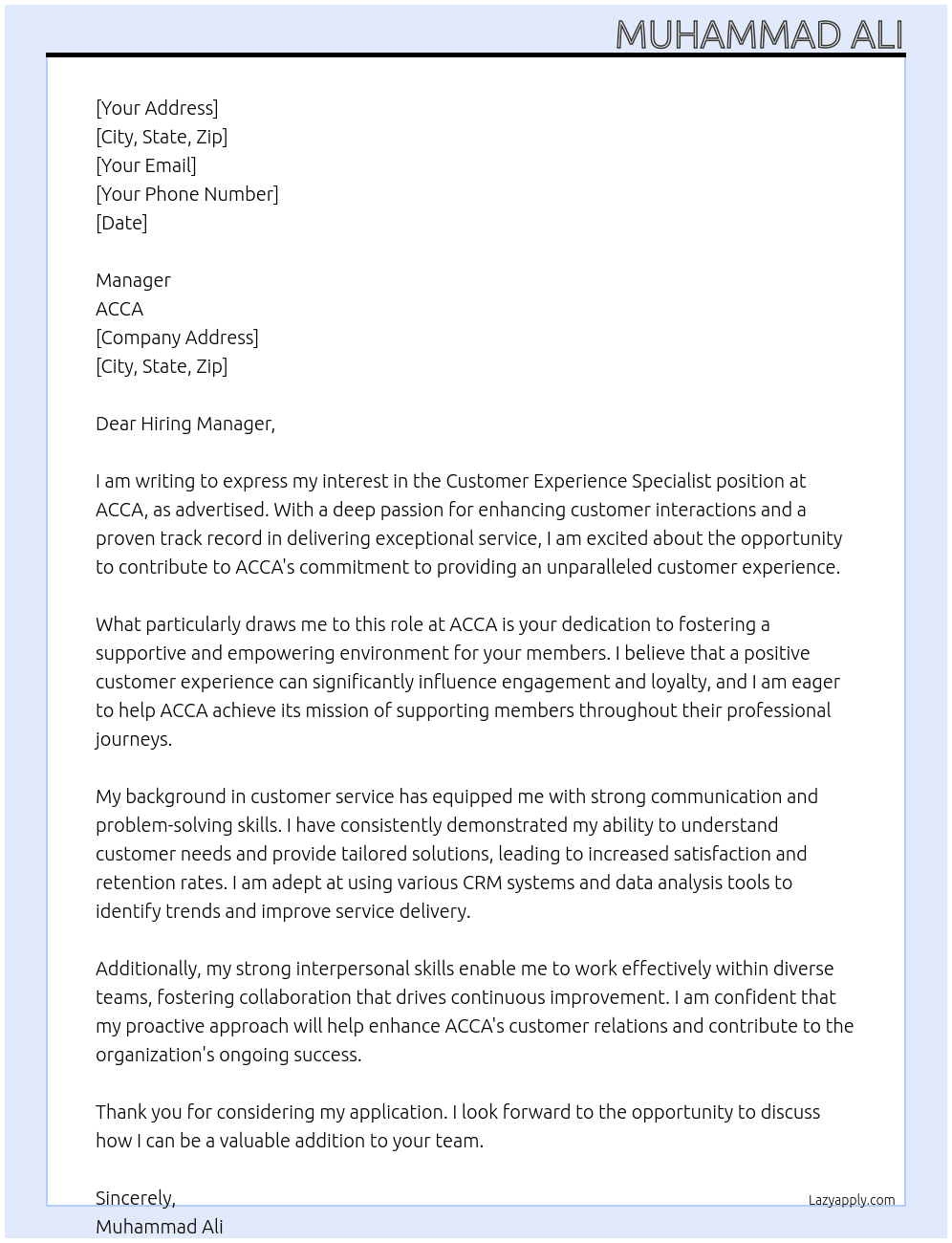 Customer experience Specialist At ACCA Cover Letter