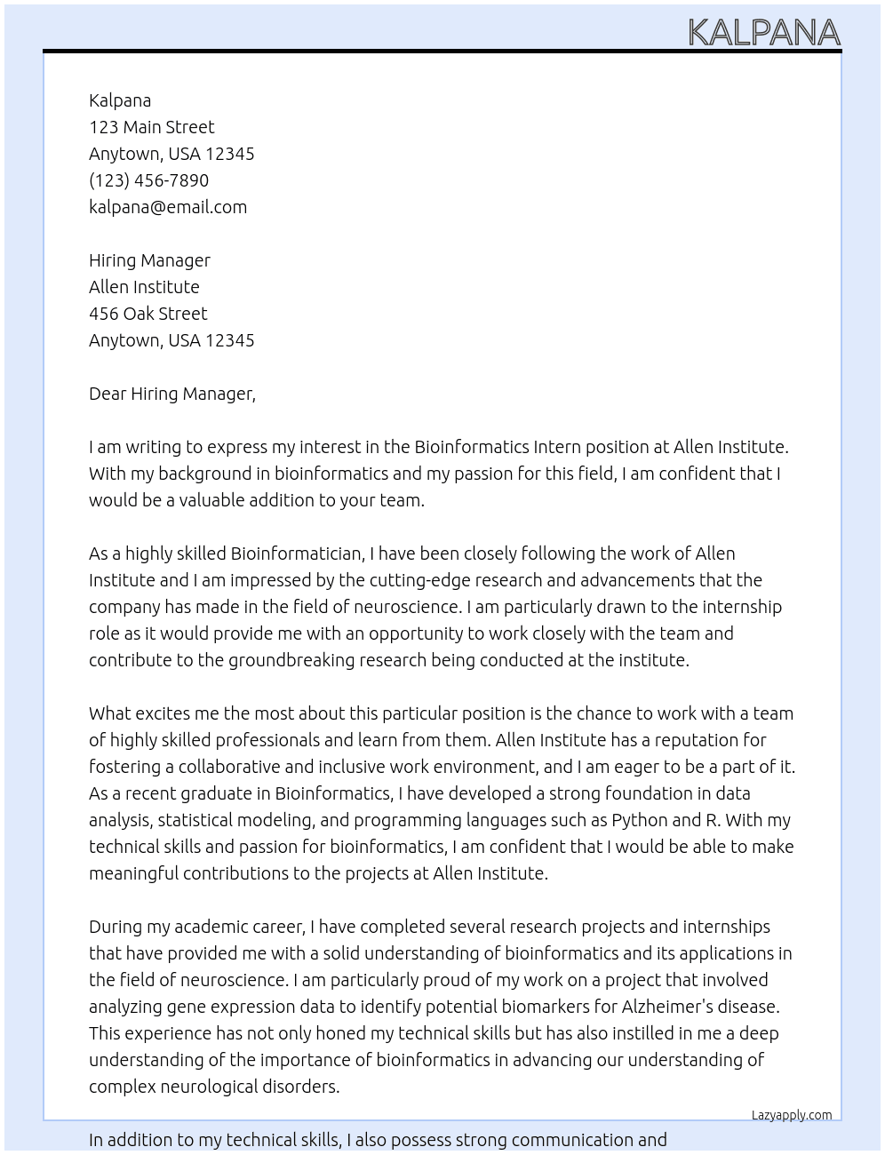 Bioinformatics Intern At Allen Institute Cover Letter