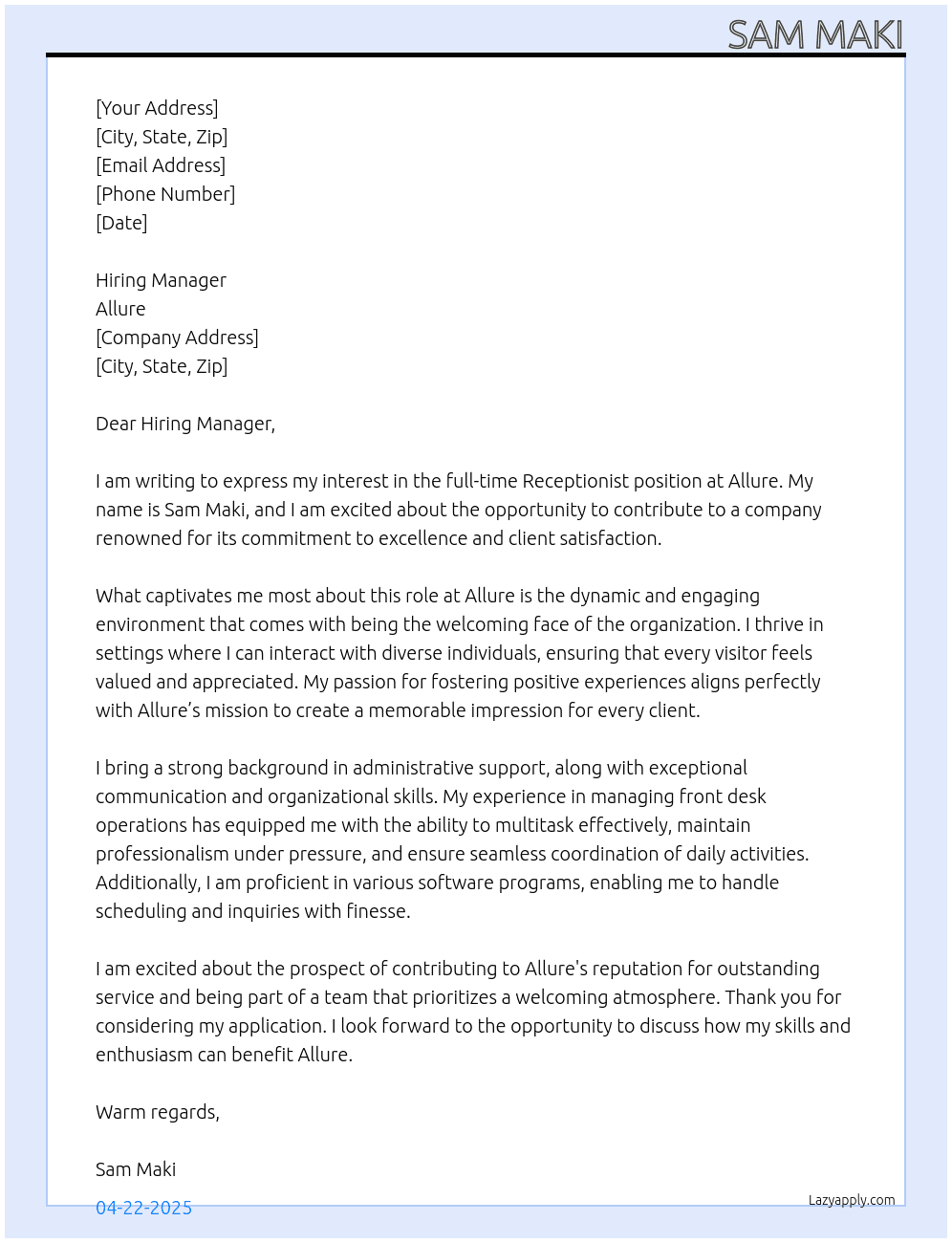 Receptionist At Allure Cover Letter