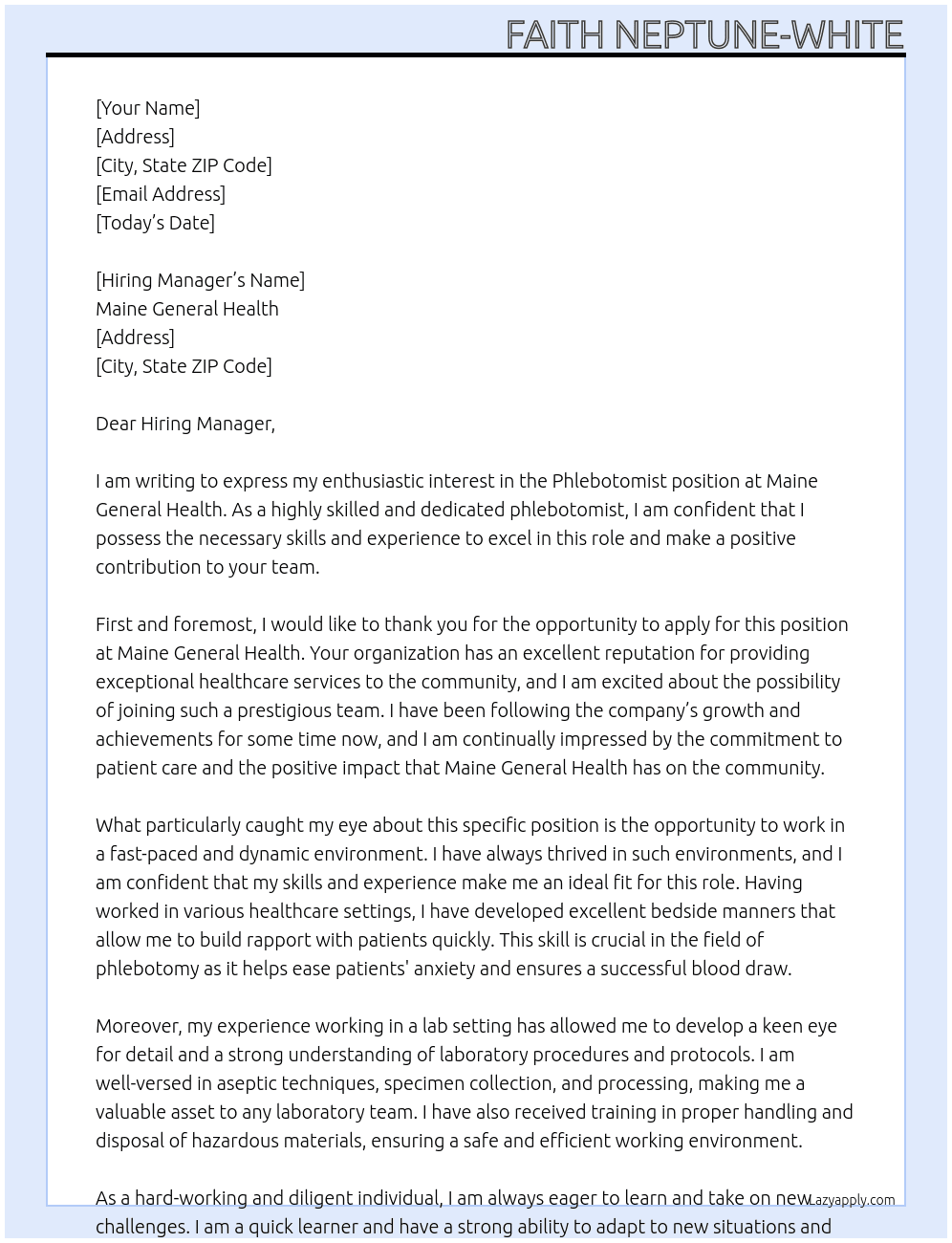Phlebotomist  At Maine General Health Cover Letter