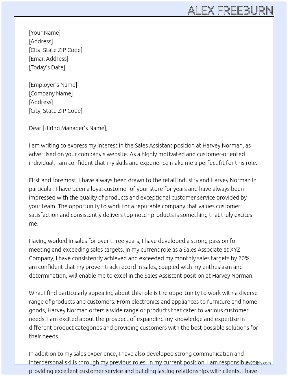 sales assistant At harvey norman Cover Letter