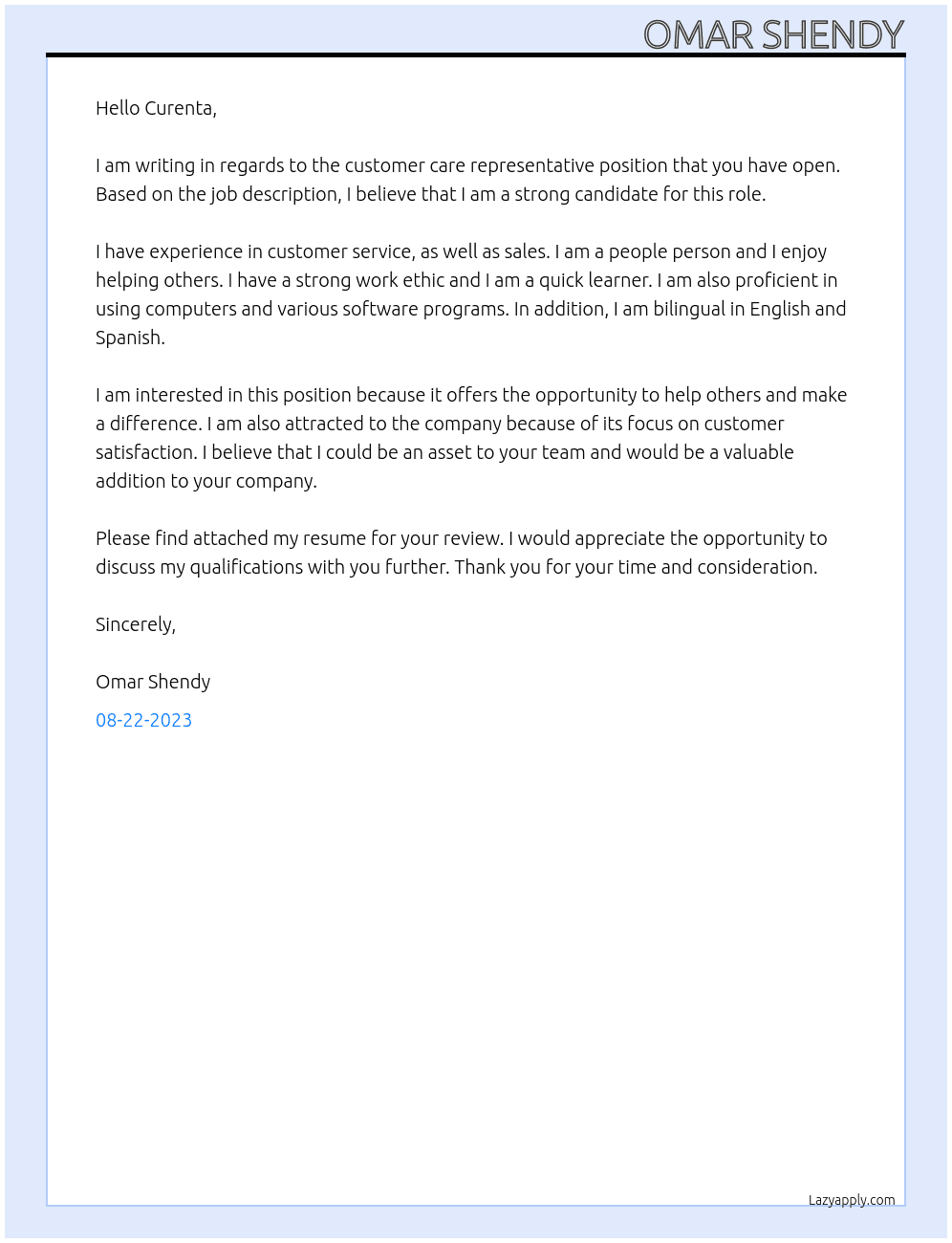 Customer care representative At Curenta Cover Letter