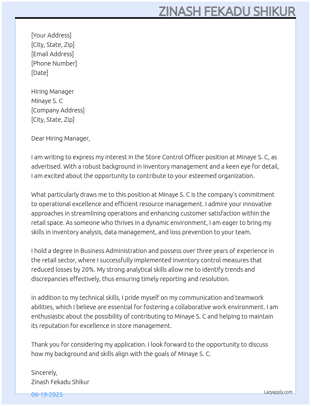 Store control officer At Minaye s. C Cover Letter