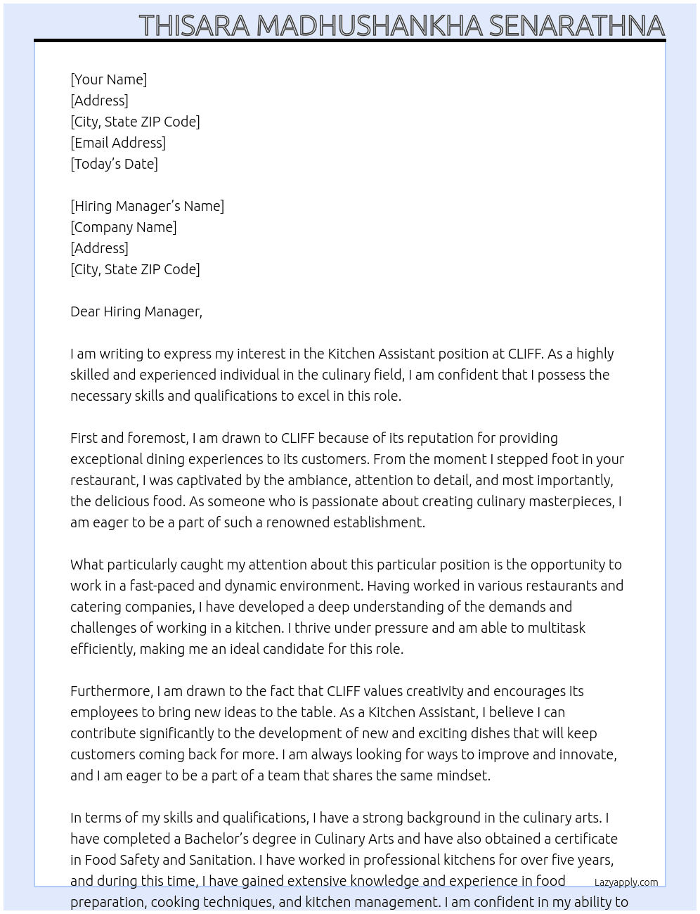 Kitchen Assistant At CLIFF Cover Letter
