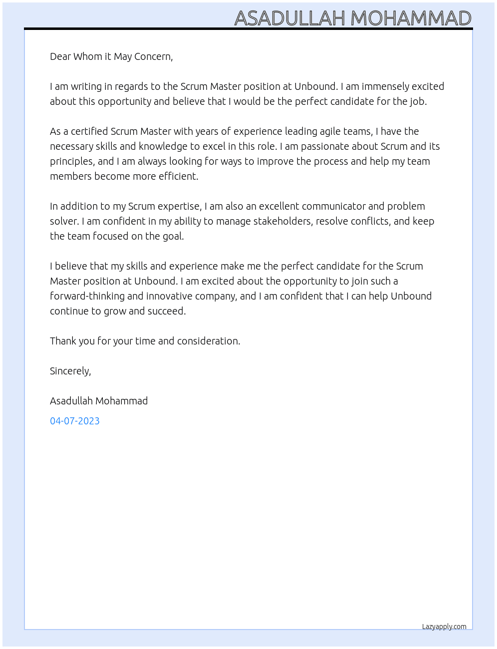Scrum Master  At Unbound Cover Letter