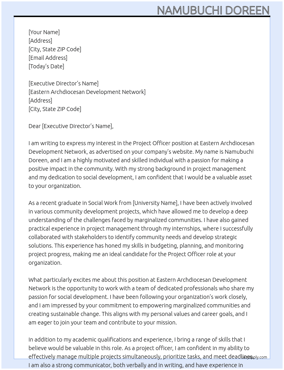 Project officer At Eastern Archdiocesan Development Network Cover Letter
