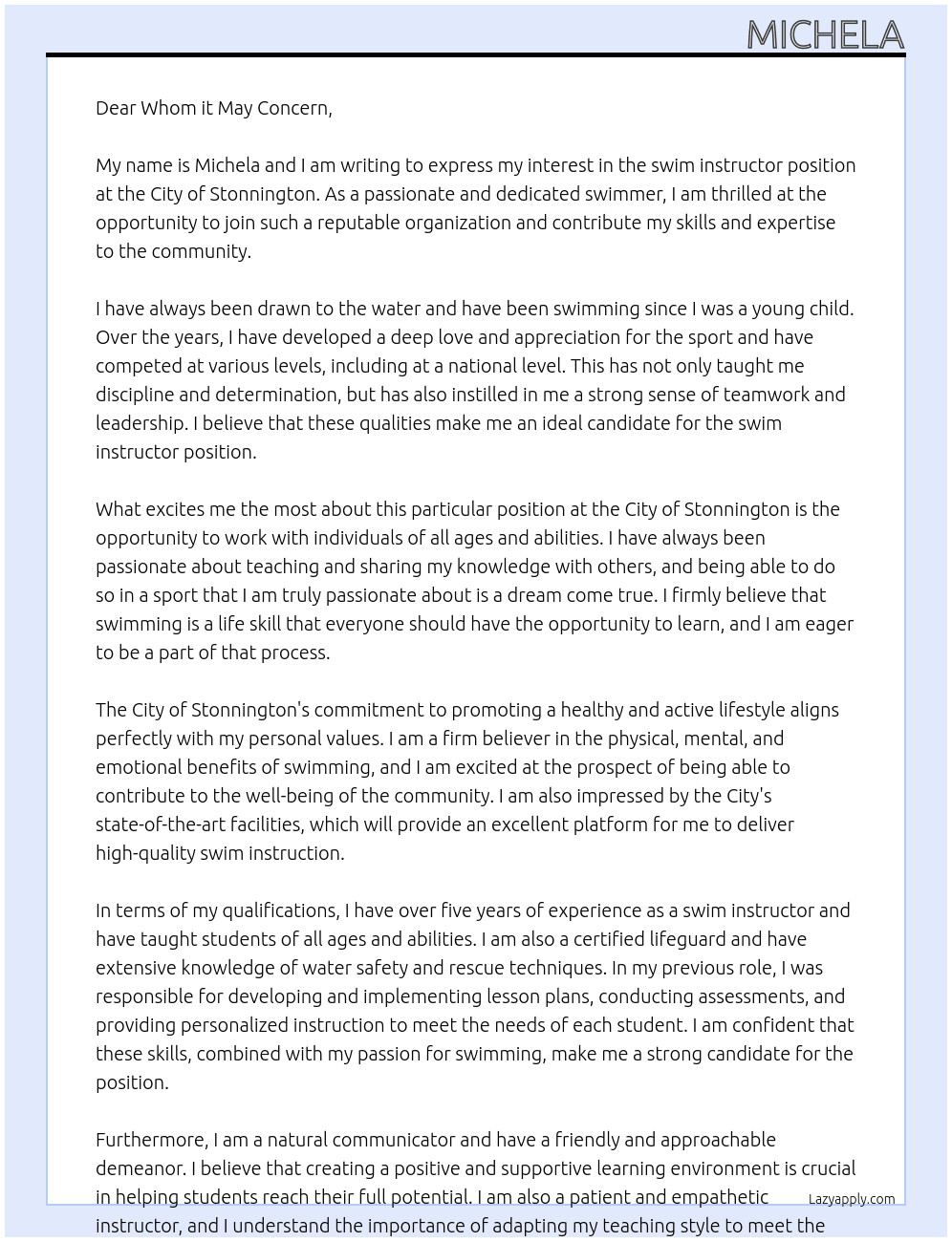 swim instructor At City of Stonnington Cover Letter