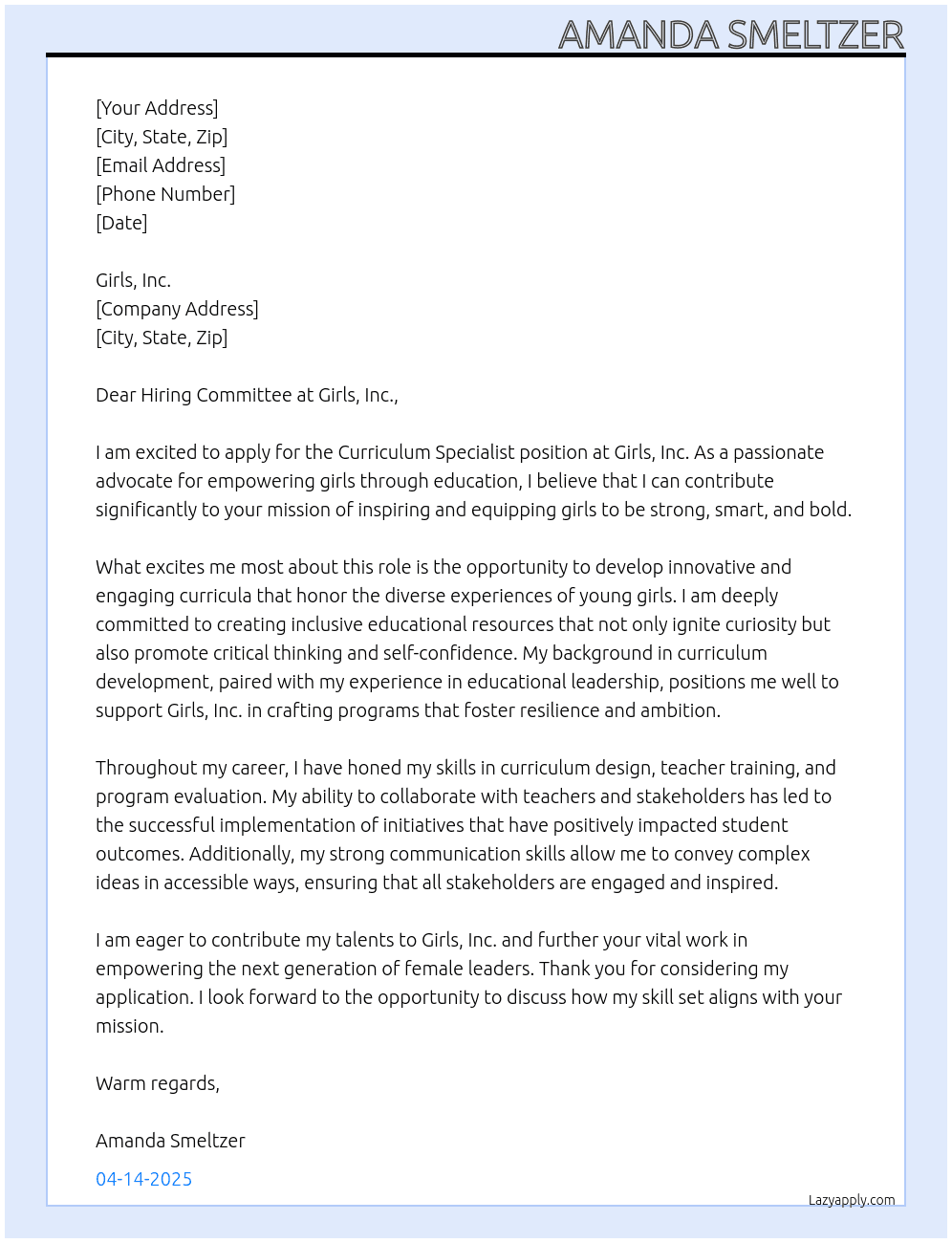 Curriculum Specialist At Girls, Inc Cover Letter