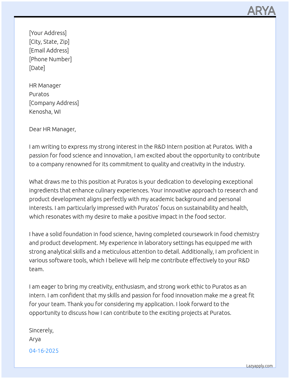 Cover letter for r and d intern - LazyApply