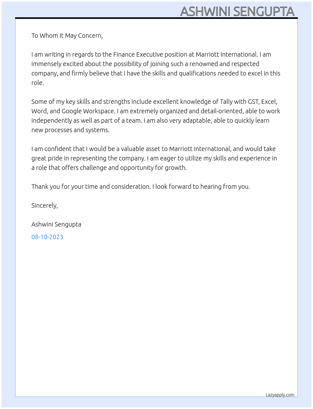 Finance Executive  At Marriott International  Cover Letter