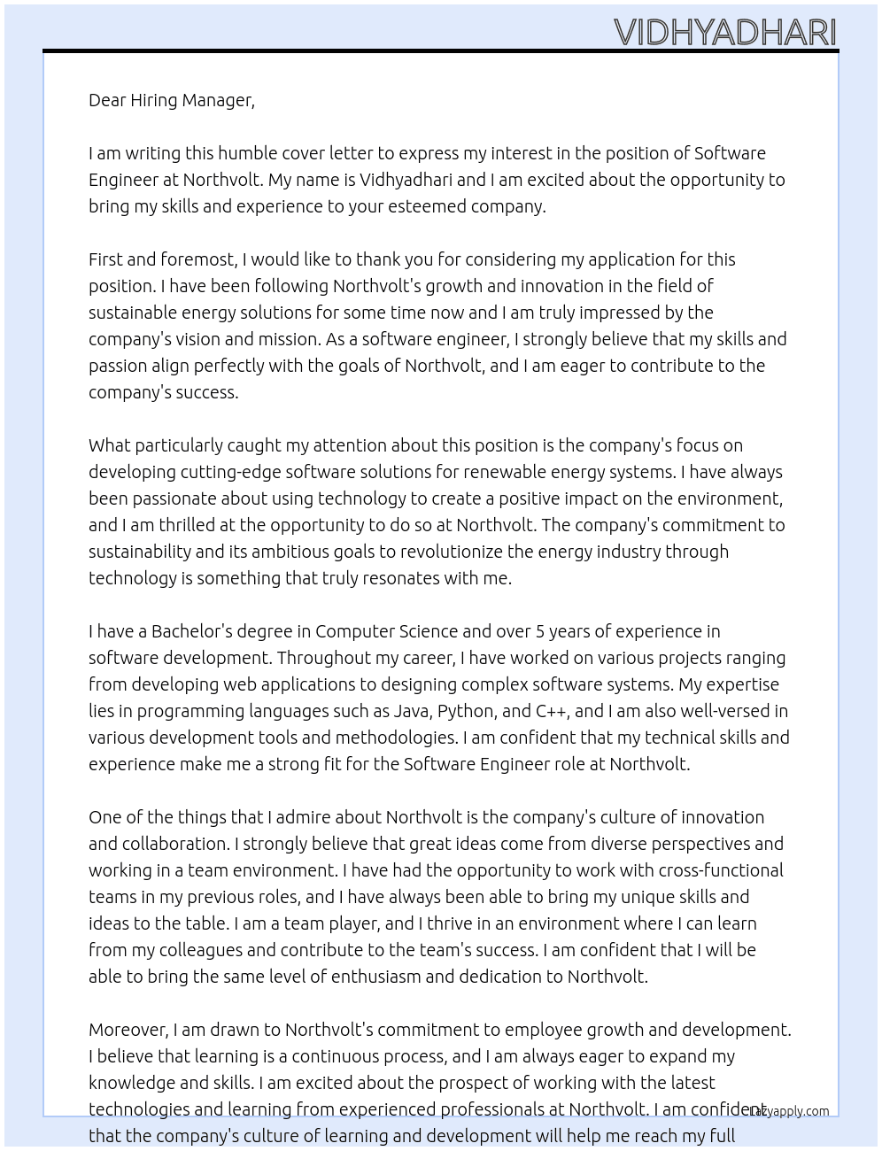 software engineer At Northvolt Cover Letter