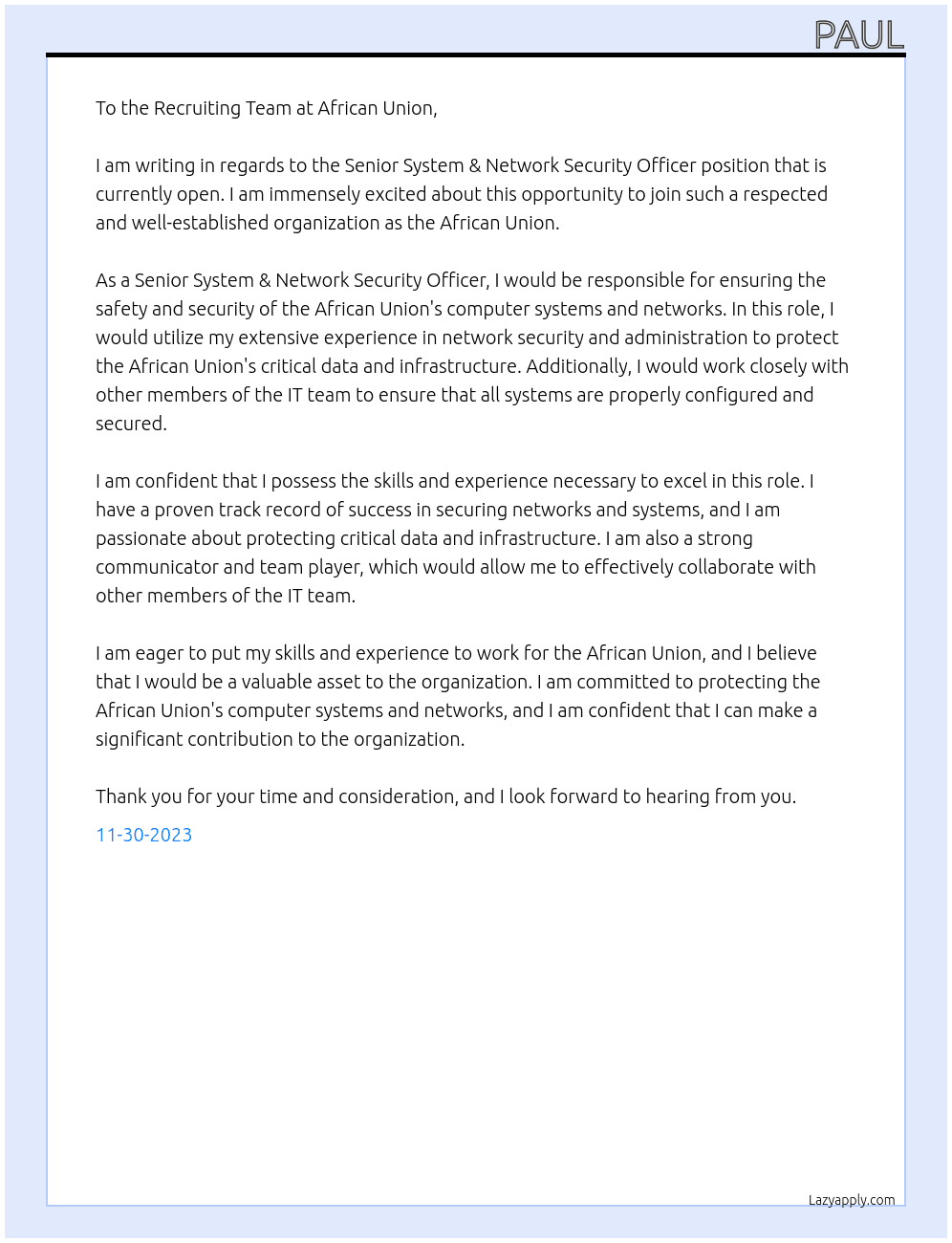 Senior System & Network Security Officer At African Union Cover Letter