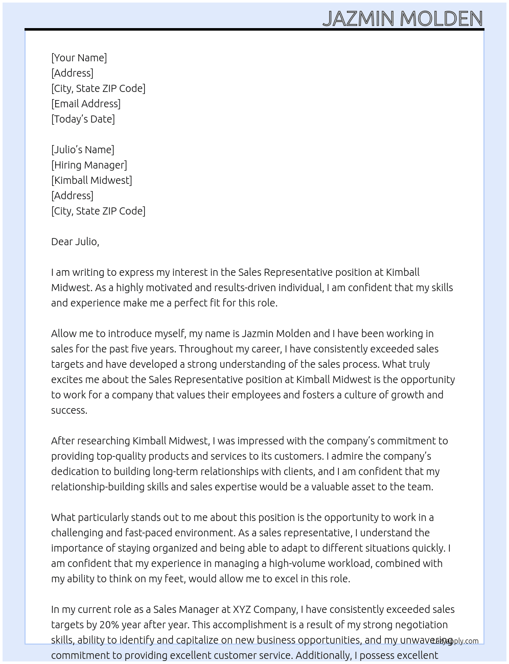 Sales Representative At Kimball Midwest Cover Letter
