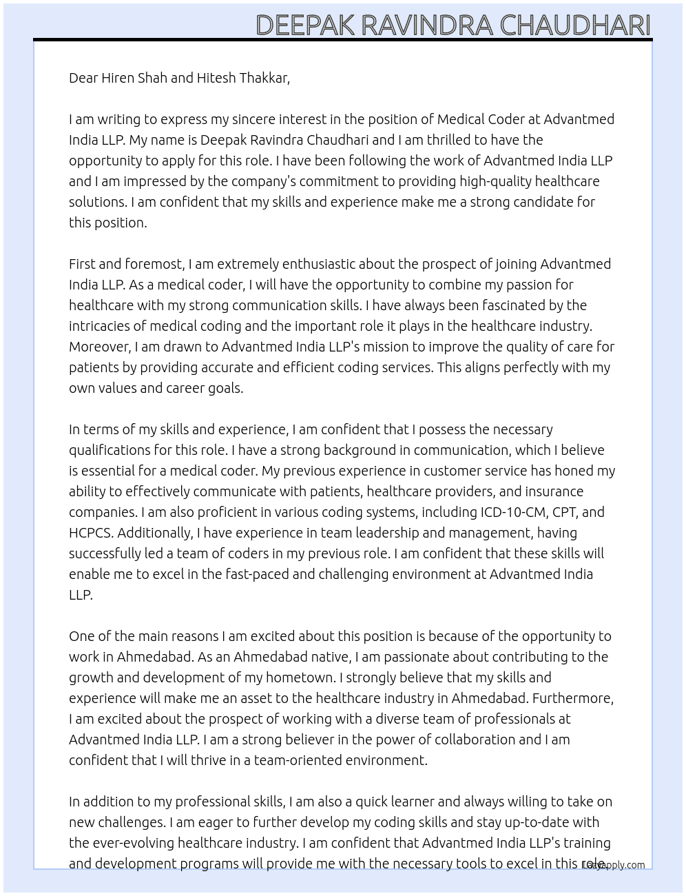 Medical coder At Advantmed India LLP Cover Letter