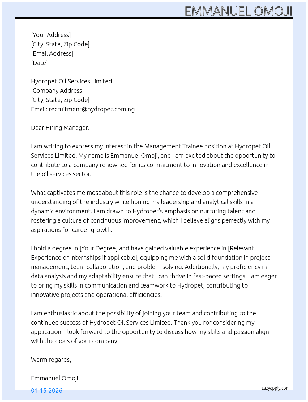Management trainee At Hydropet Oil Services Limited Cover Letter
