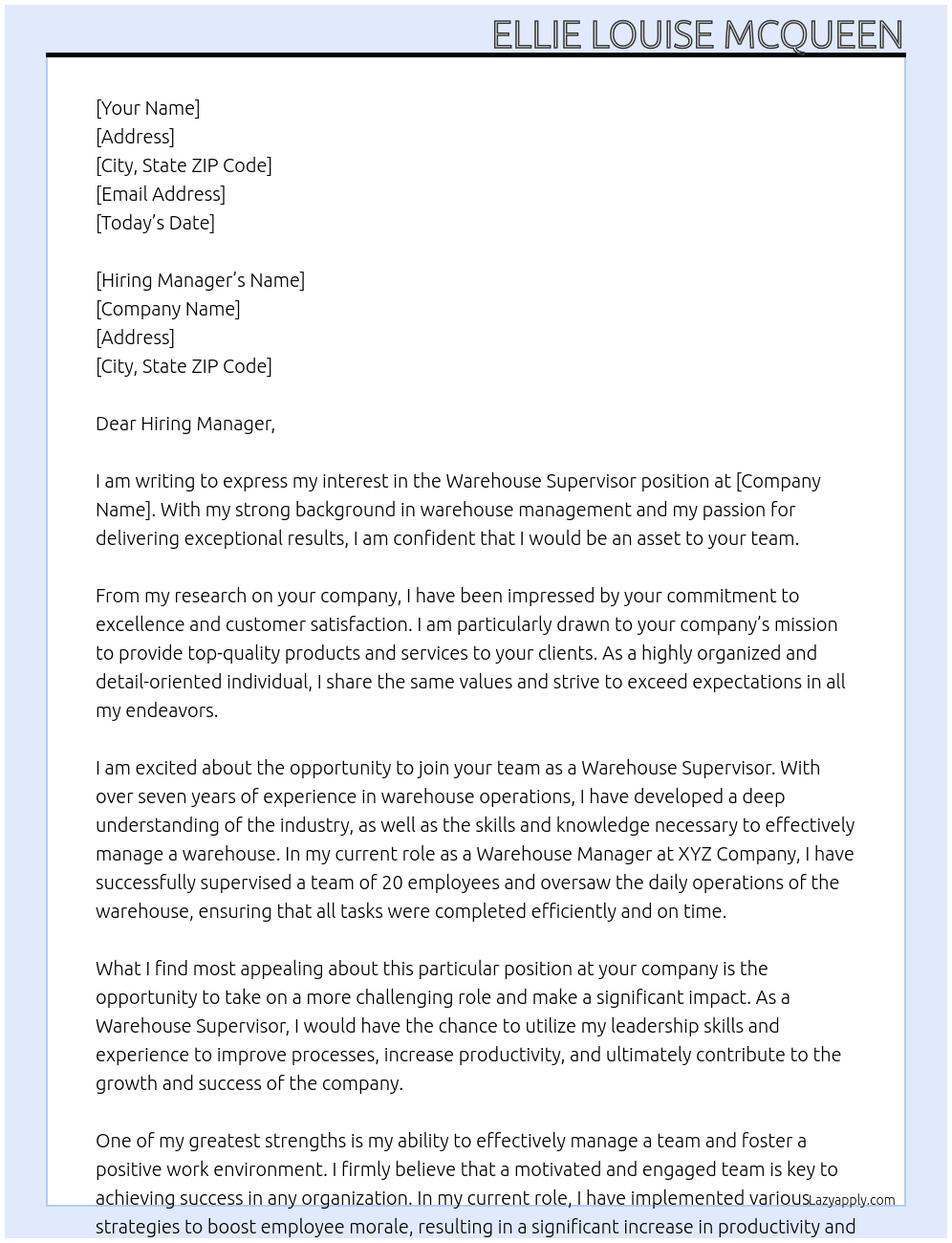 Warehouse supervisor  At N/A Cover Letter