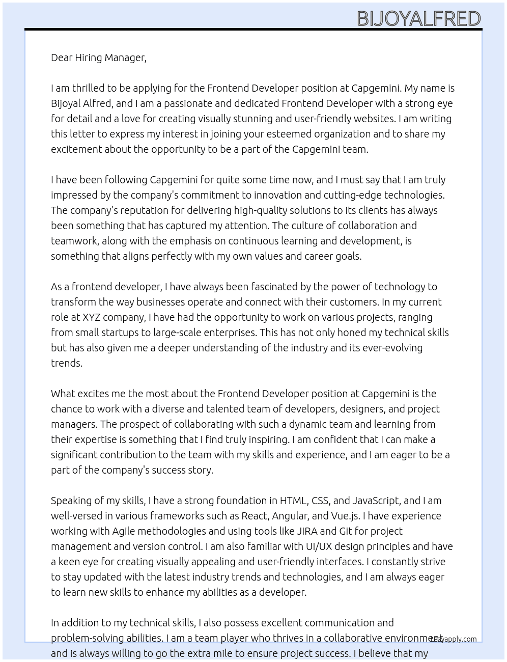 Frontend developer At Capgemeni Cover Letter