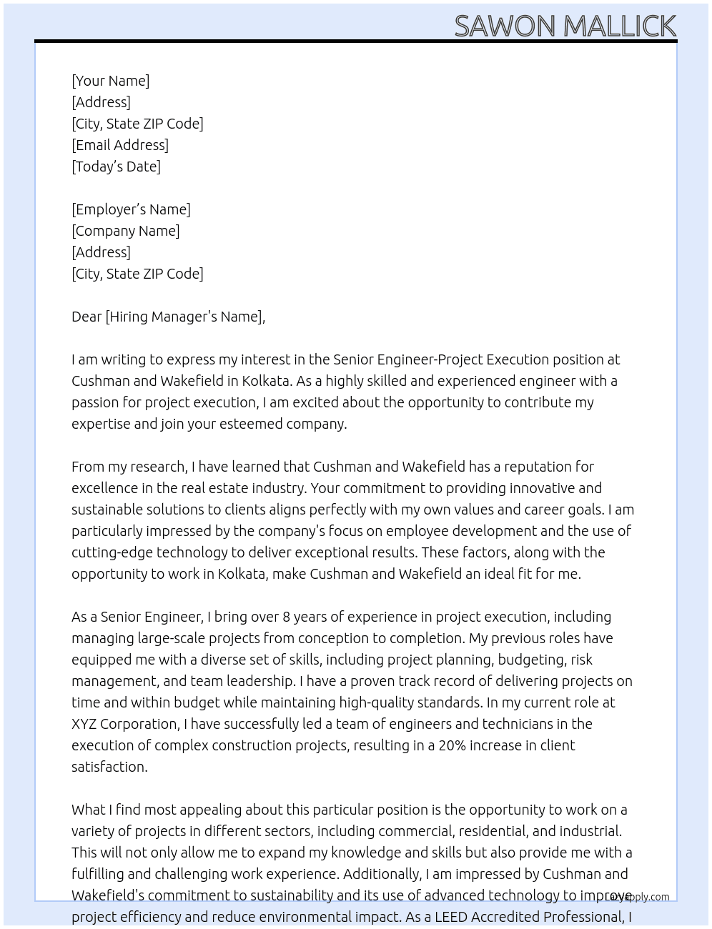 Senior Engineer-Project Execution At Cushman and Wakefield Cover Letter