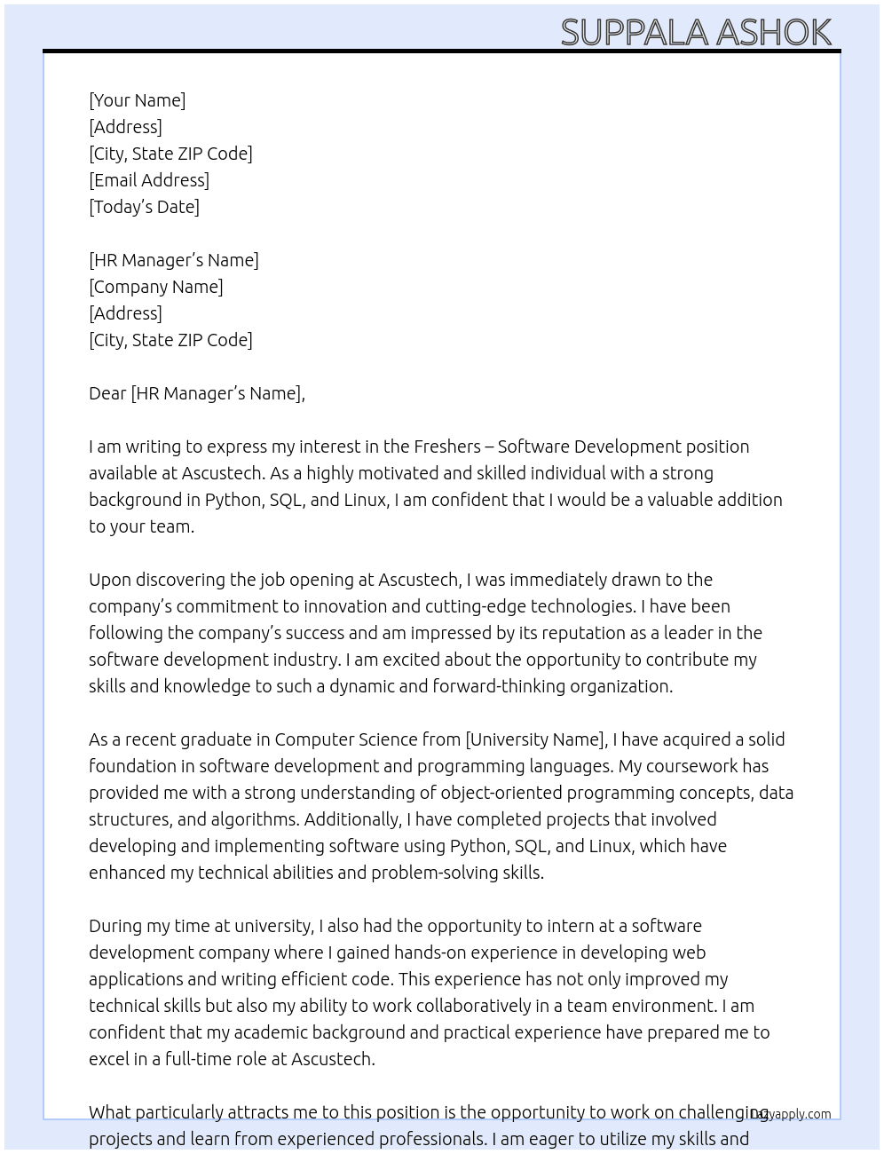 Freshers – Software Development At Ascustech Cover Letter