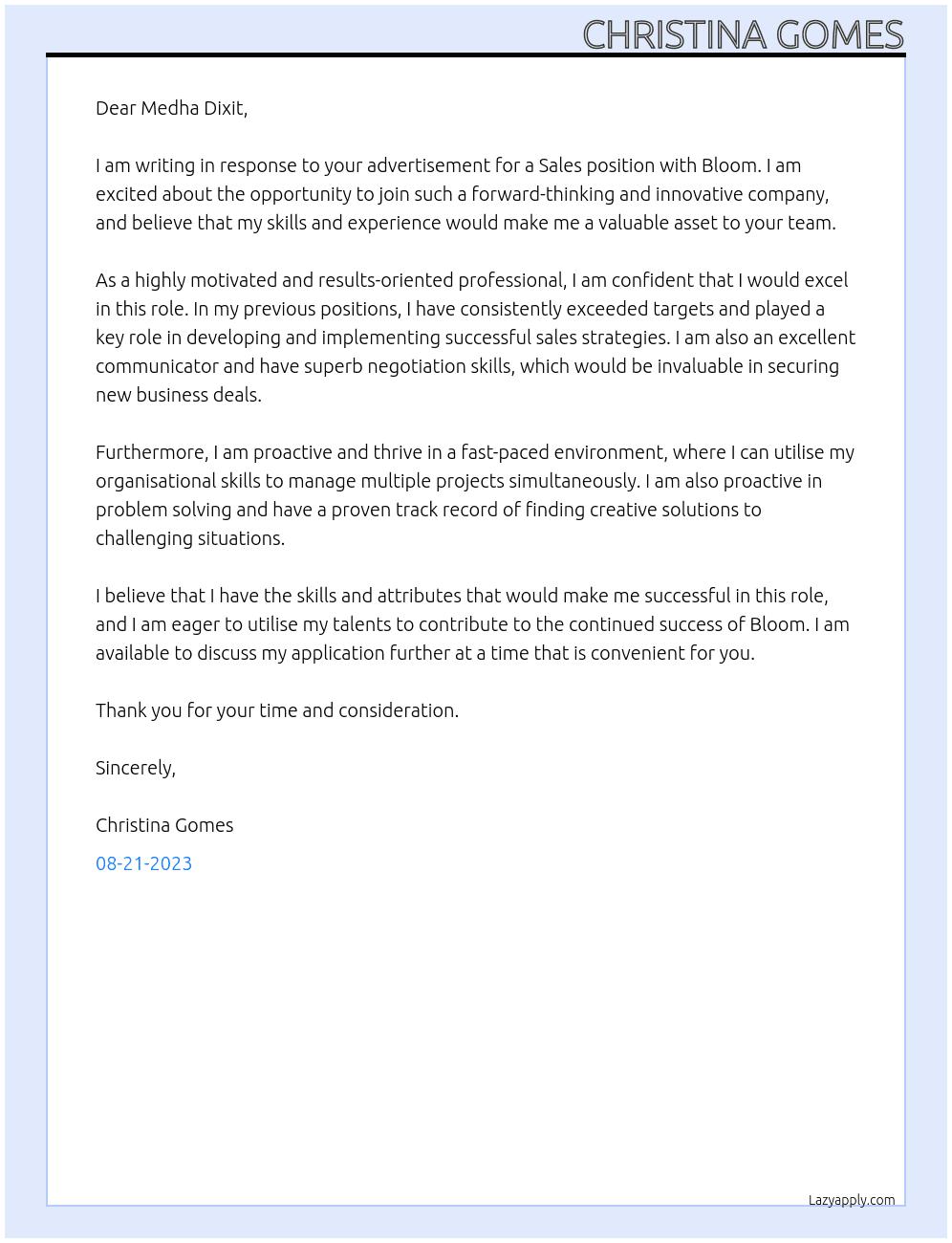 Sales  At Bloom Cover Letter