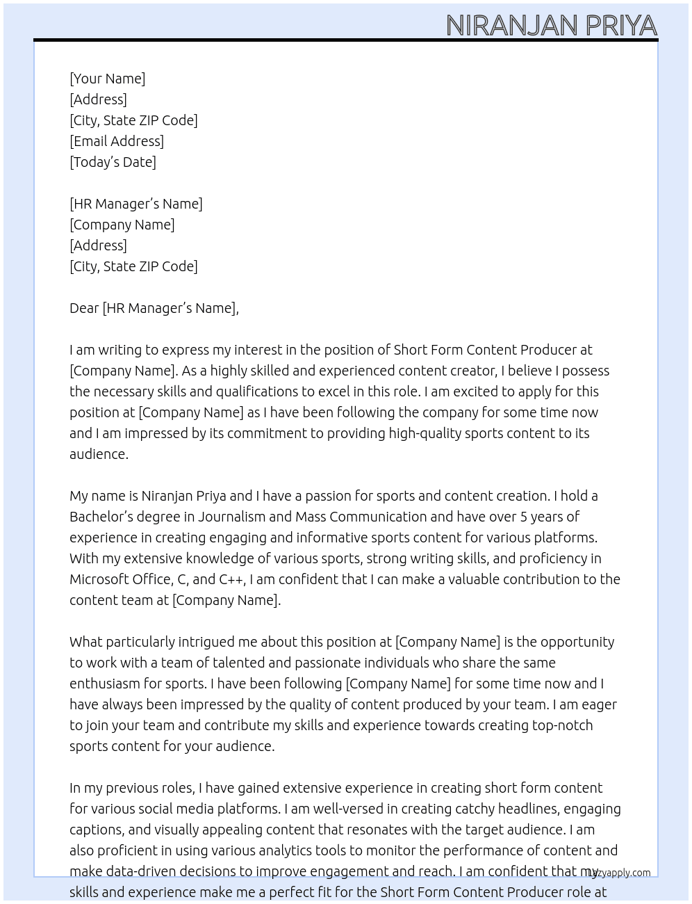 Short Form Content Producer At Sportskeeda Cover Letter