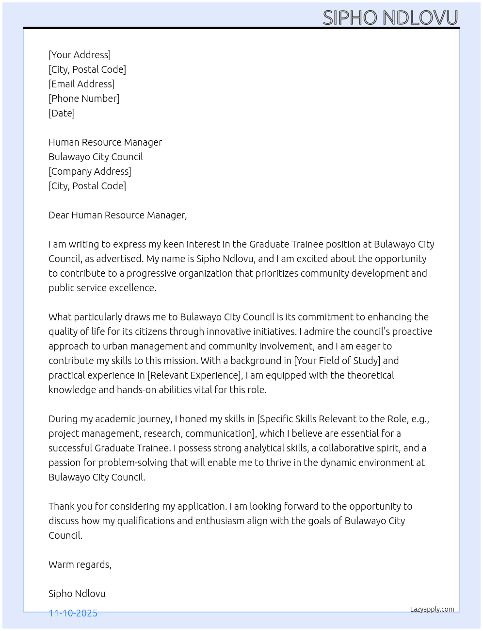 Graduate Trainee At Bulawayo City Council Cover Letter