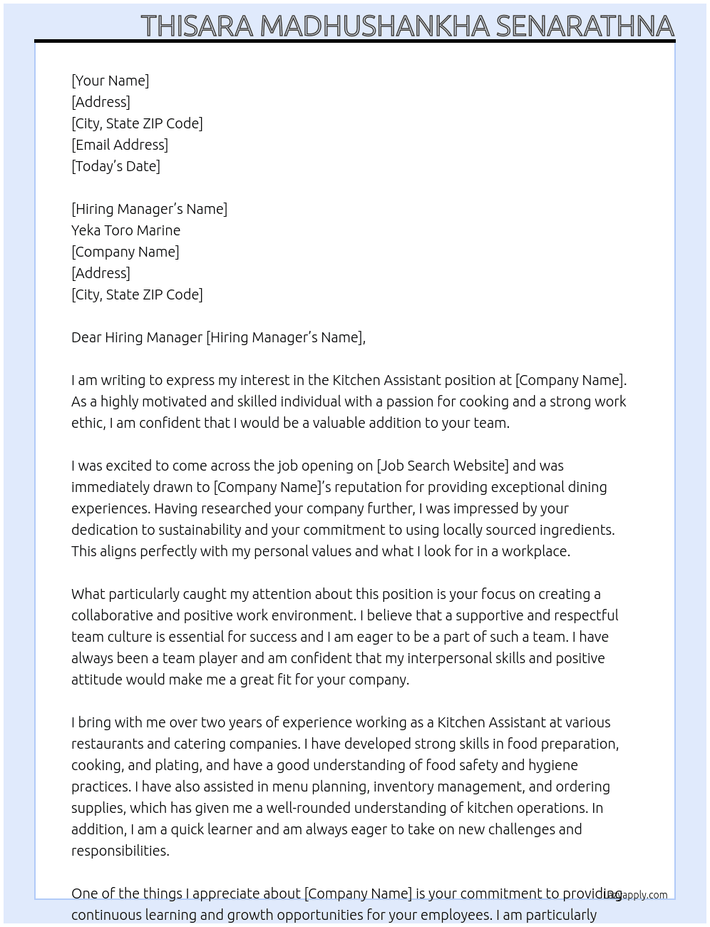 Kitchen Assistant At THE COOPERATIVE IN GÖTEBORG AB Cover Letter