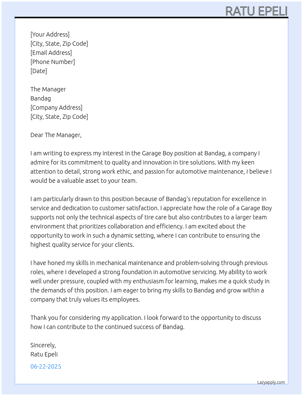 Garage boy At Bandag Cover Letter