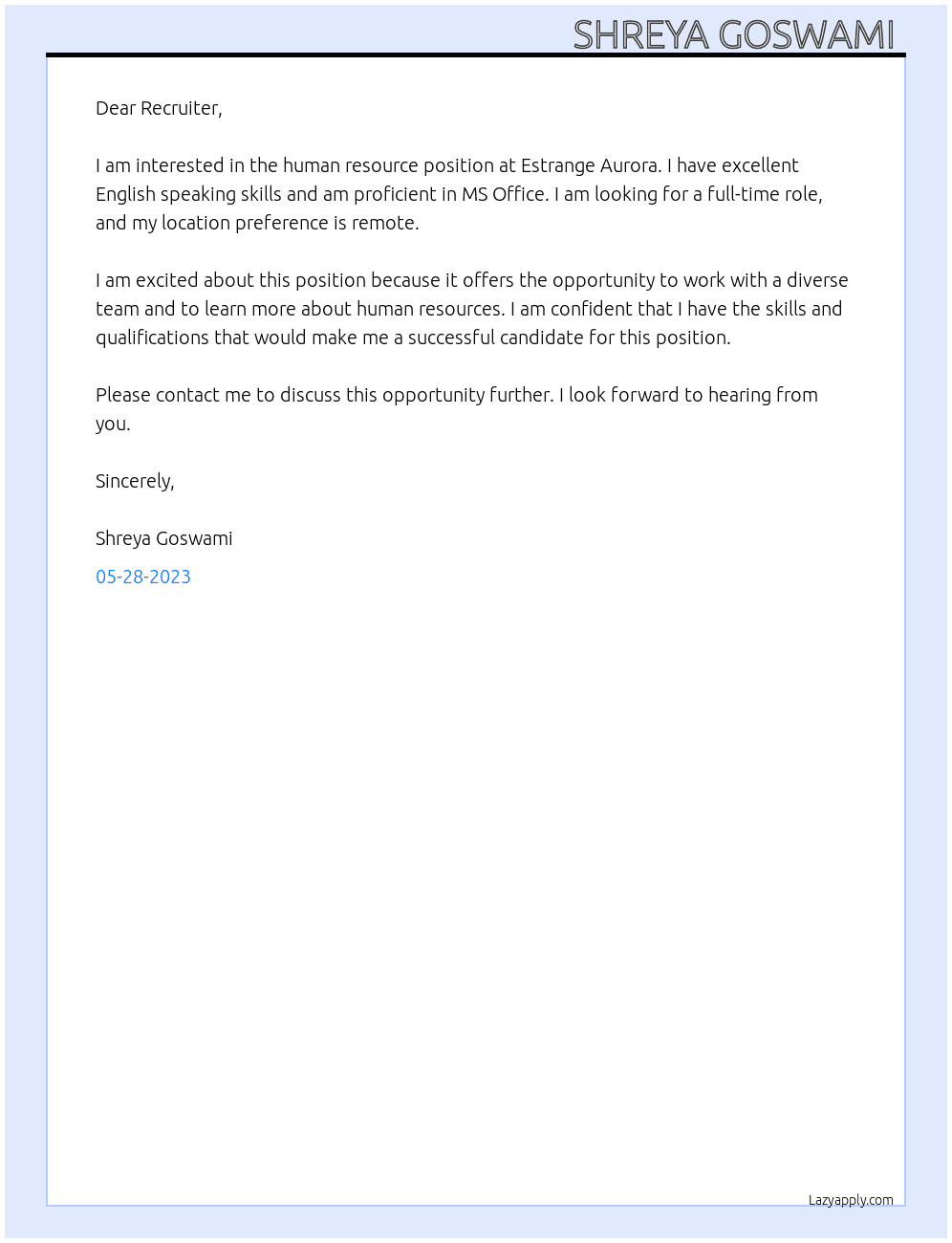 Human resource  At Estrange Aurora Cover Letter