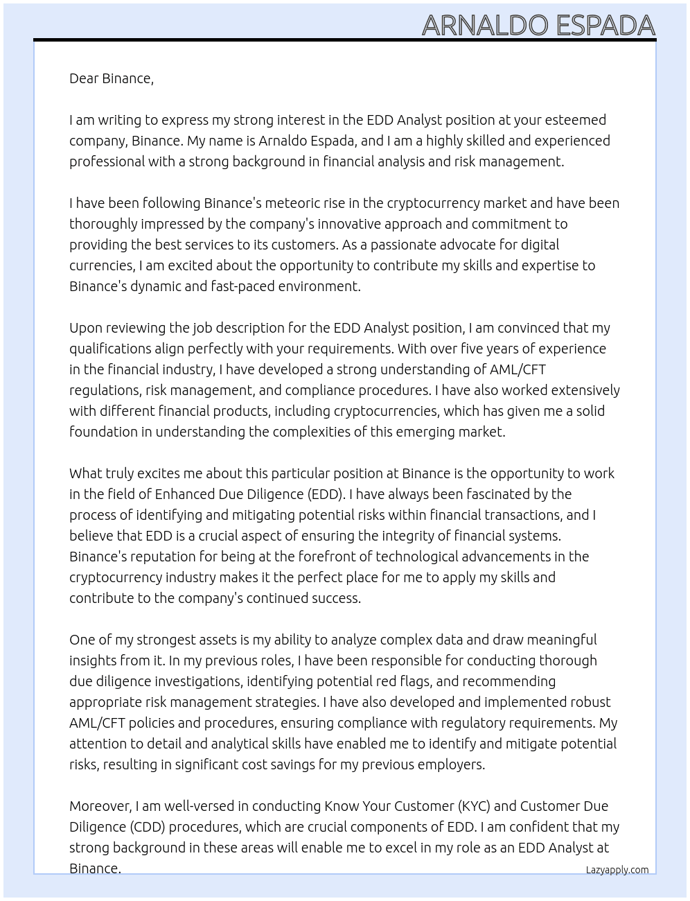 Cover letter for edd analyst - LazyApply