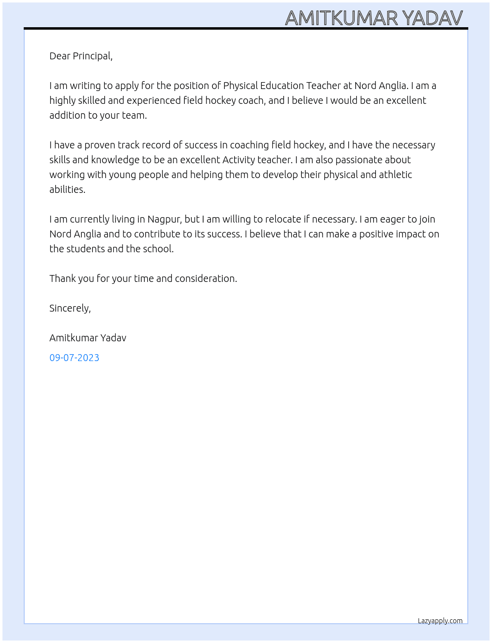 Physical Education Teacher  At Nord Anglia Cover Letter
