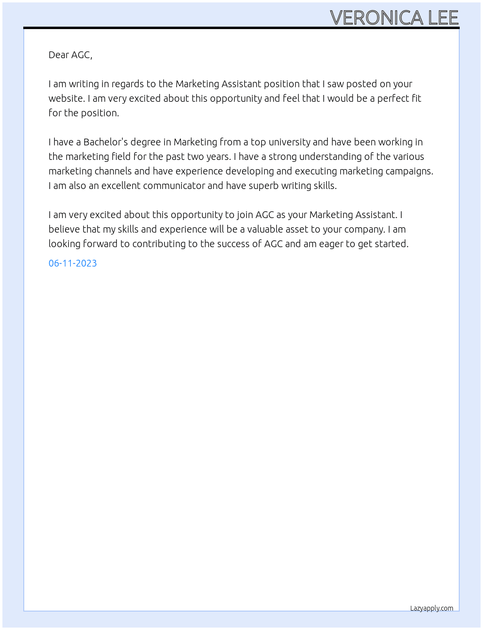 Marketing Assistant At AGC Cover Letter