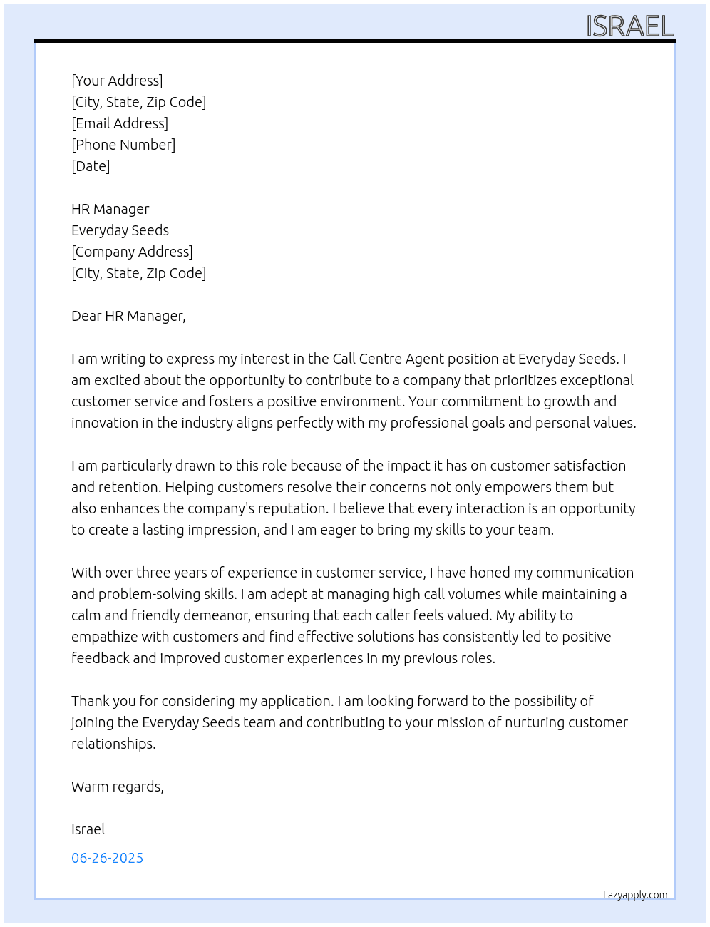 Call centre agent  At Everyday seeds Cover Letter