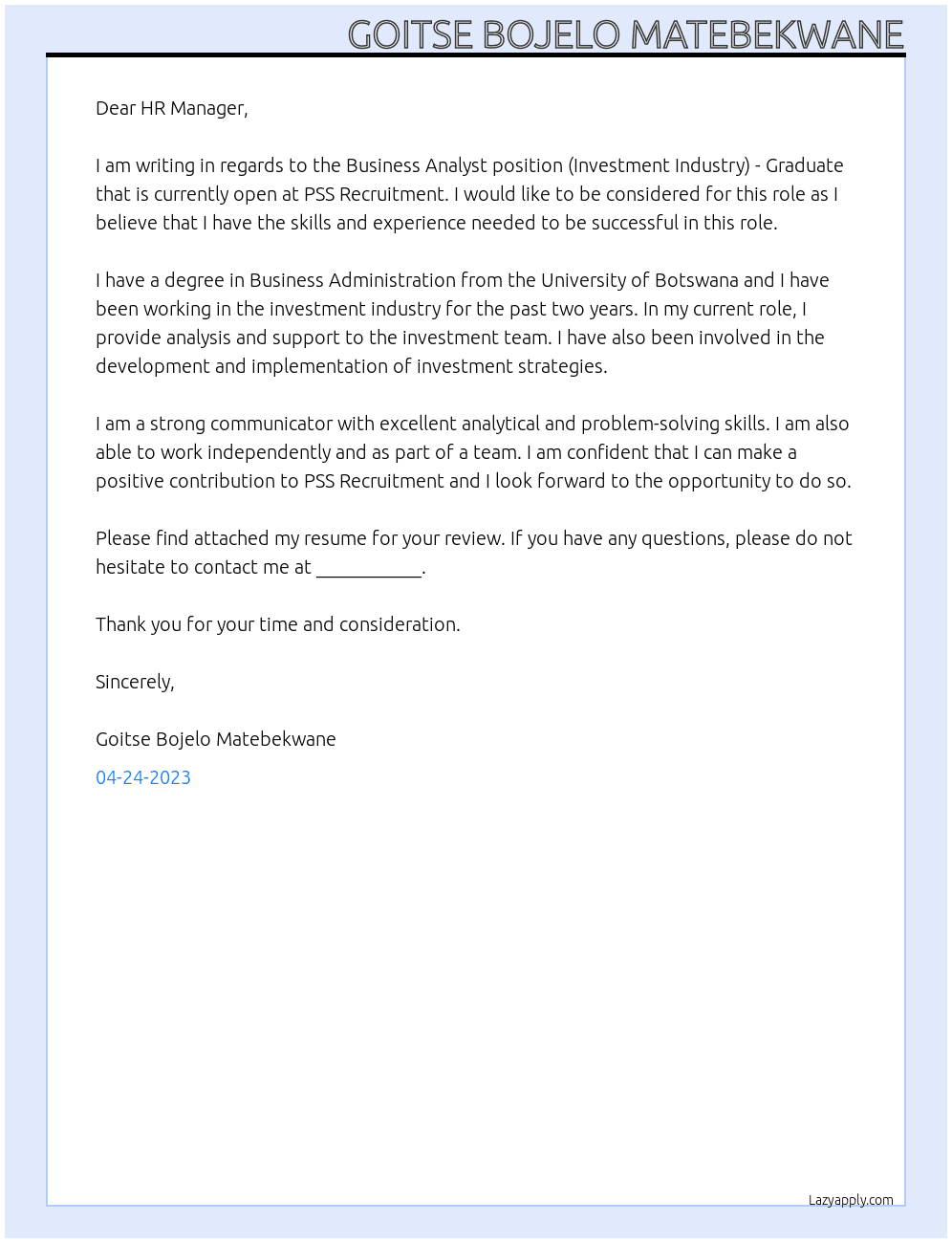 Business Analyst (Investment Industry) - Graduate At PSS Recruitment Cover Letter