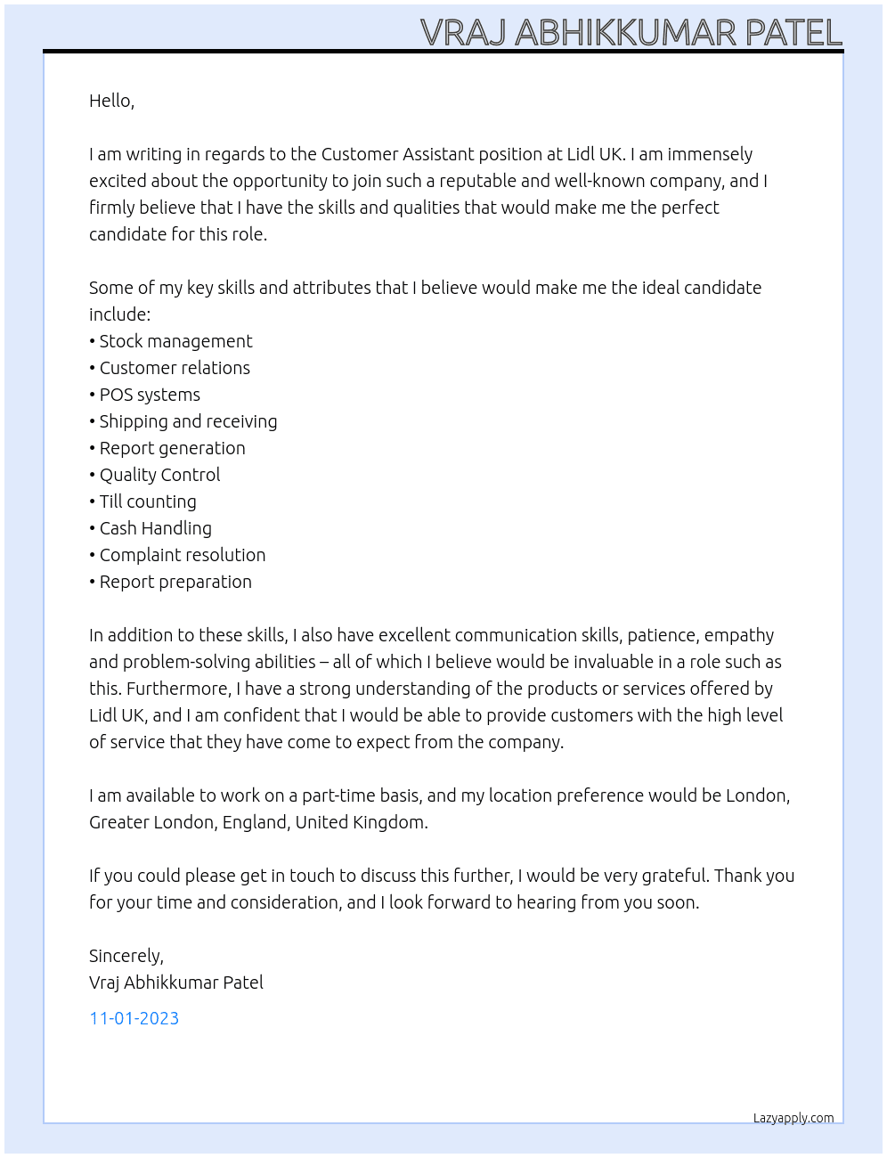 Customer Assistant At lidl uk Cover Letter