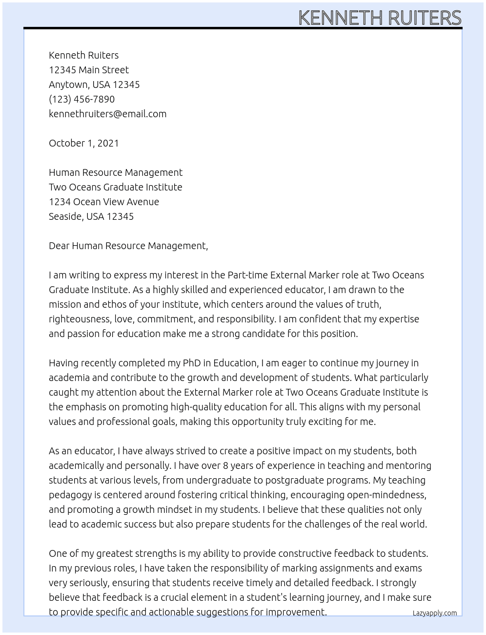 EXTERNAL MARKER At TWO OCEANS GRADUATE INSTITUTE Cover Letter