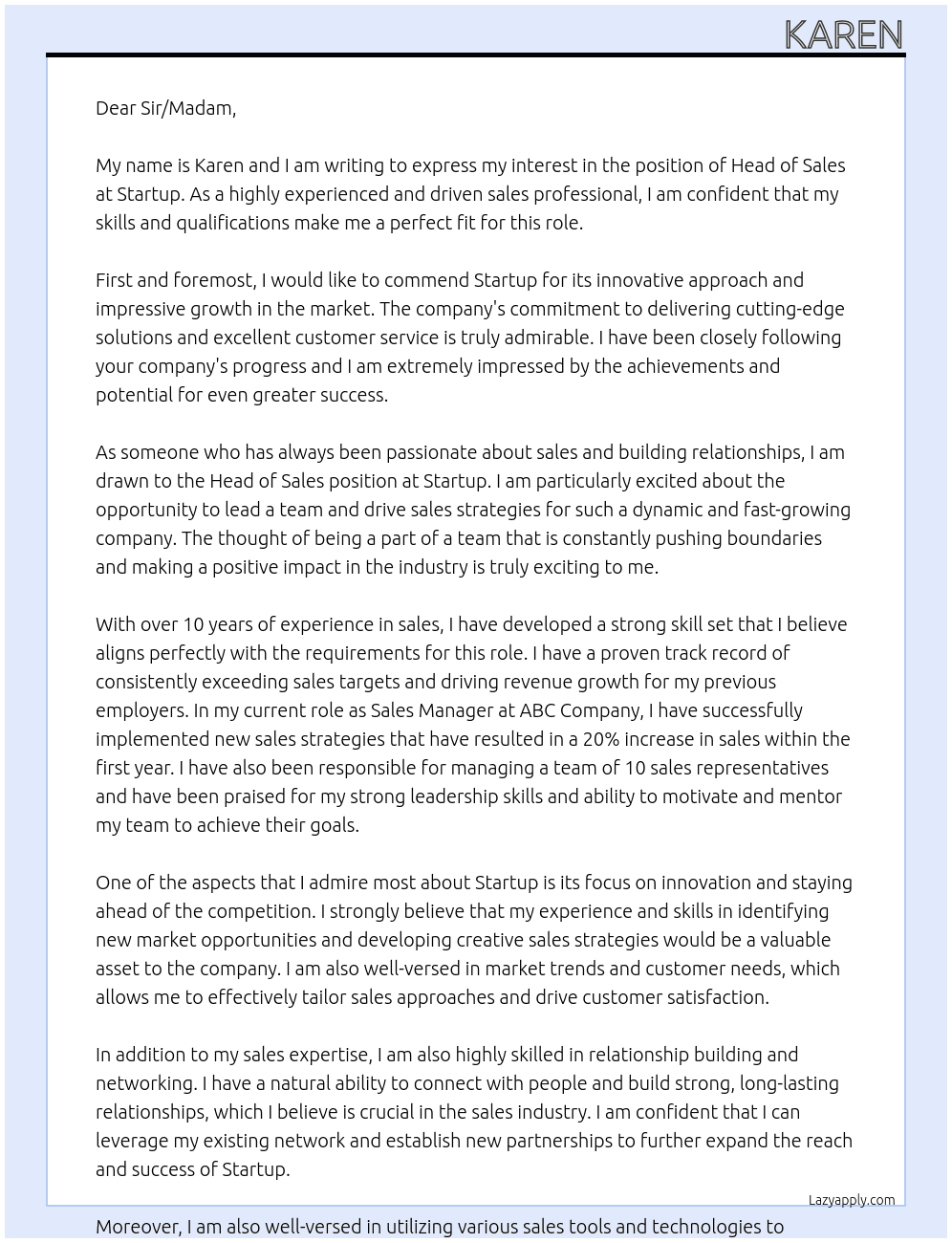 Head of Sales At Startup Cover Letter