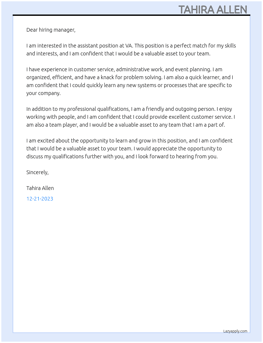 Assistant  At va Cover Letter