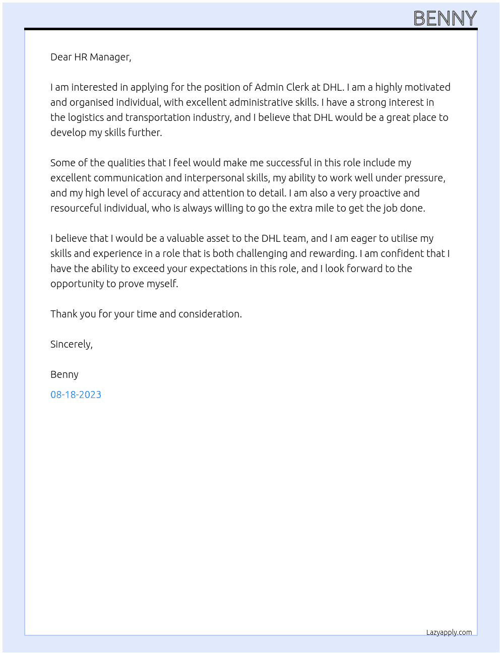 Admin clerk At DHL Cover Letter