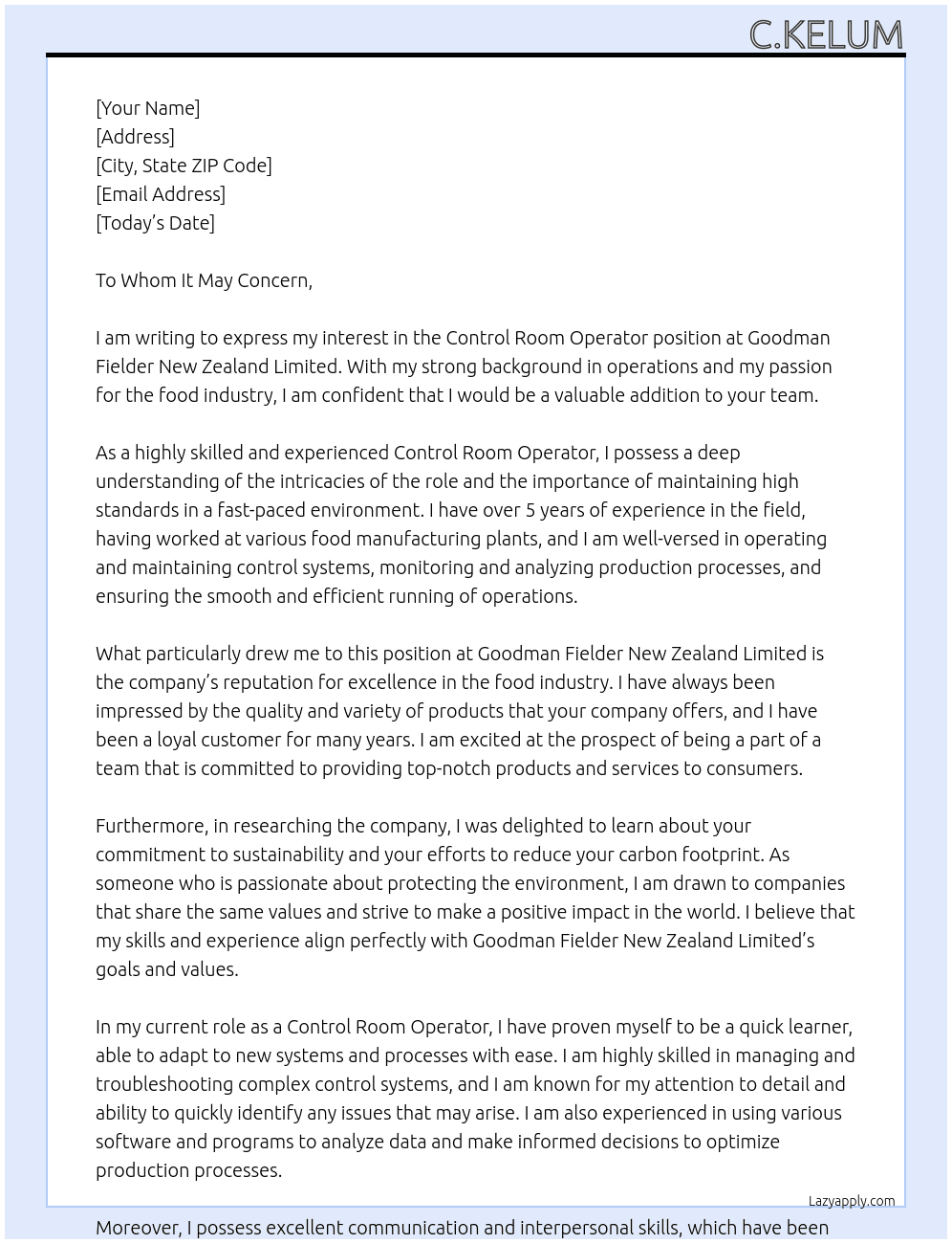Control Room Operator  At Goodman Fielder New Zealand Limited Cover Letter