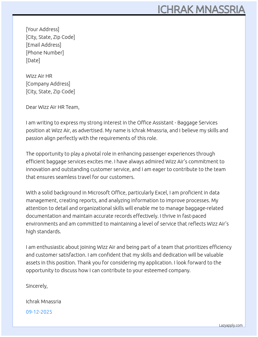 Office Assistant - Baggage Services At wizz air Cover Letter