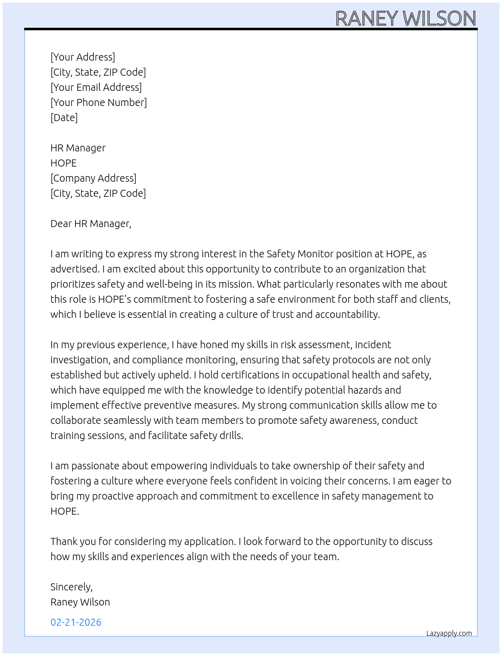 Safety Monitor  At HOPE Cover Letter