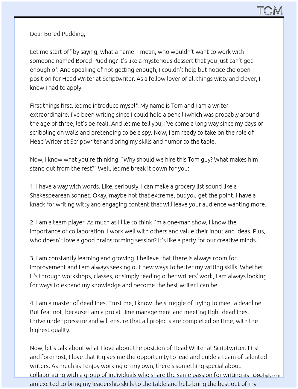 Head Writer At Scriptwriter Cover Letter