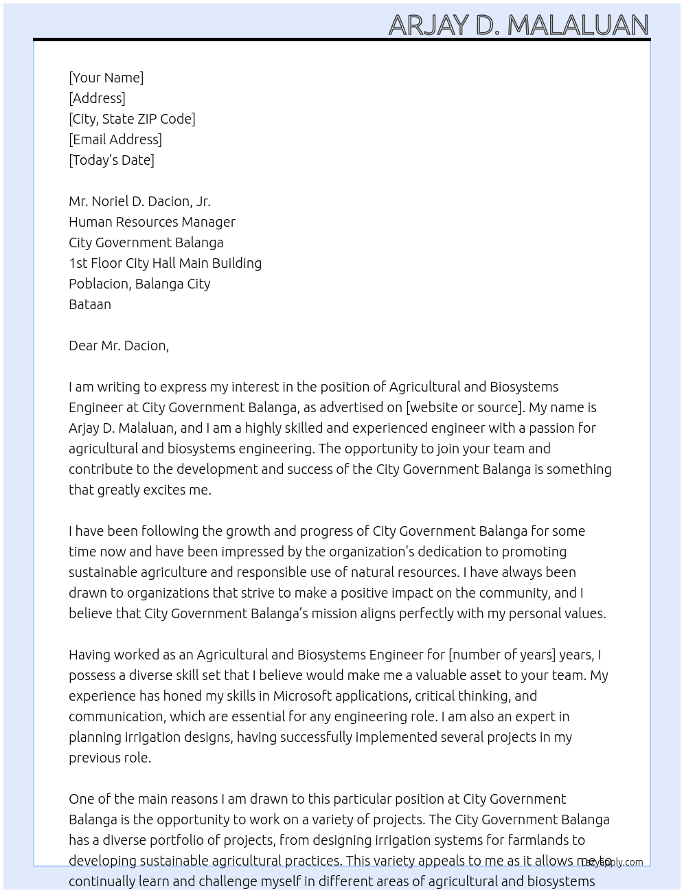 Cover letter for agricultural and biosystems engineer - LazyApply