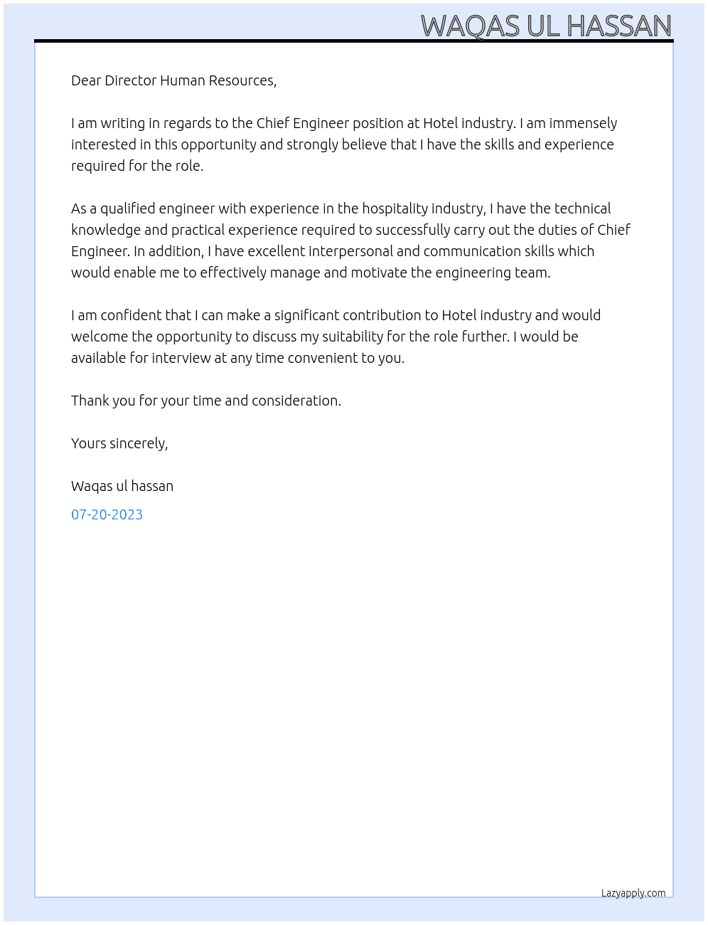 Chief engineer  At Hotel industry  Cover Letter