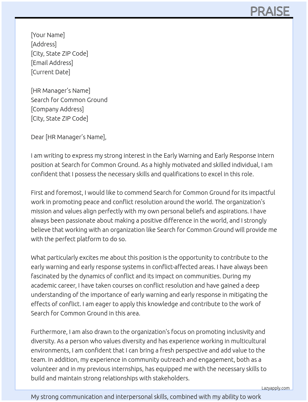 Early warning and early response Intern At Search for common ground  Cover Letter