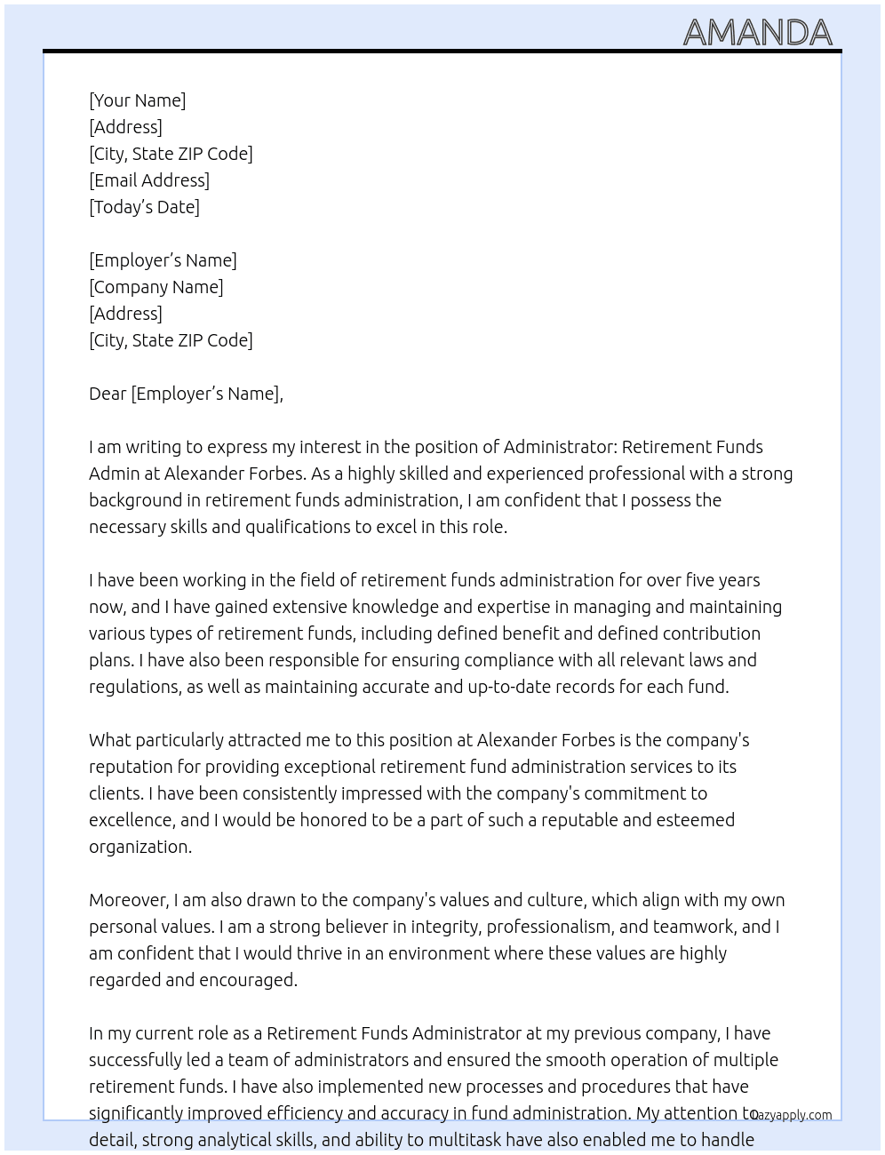 Administrator:Retirement Funds Admin At Alexander Forbes Cover Letter