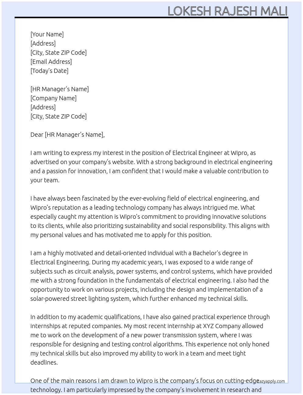 Electrical engineering  At Wipro  Cover Letter