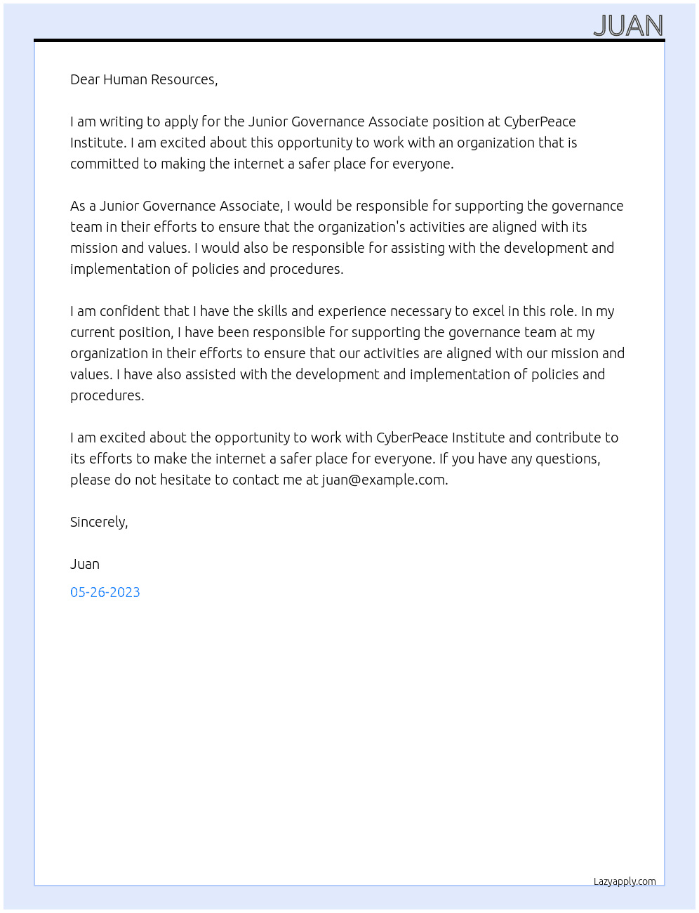Junior Governance Associate At CyberPeace Institute Cover Letter